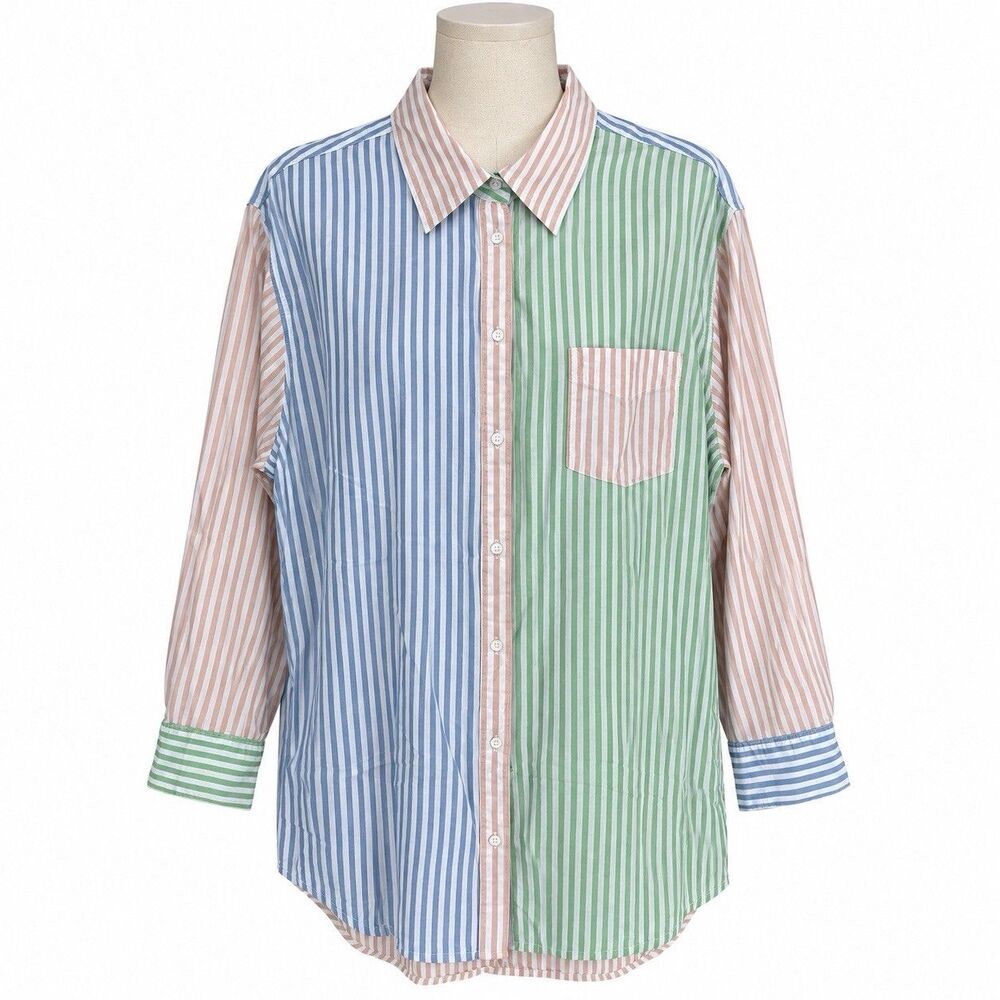 Aerie Women’s Striped Colorblock Button Down Shirt Size L/G Oversized Preppy